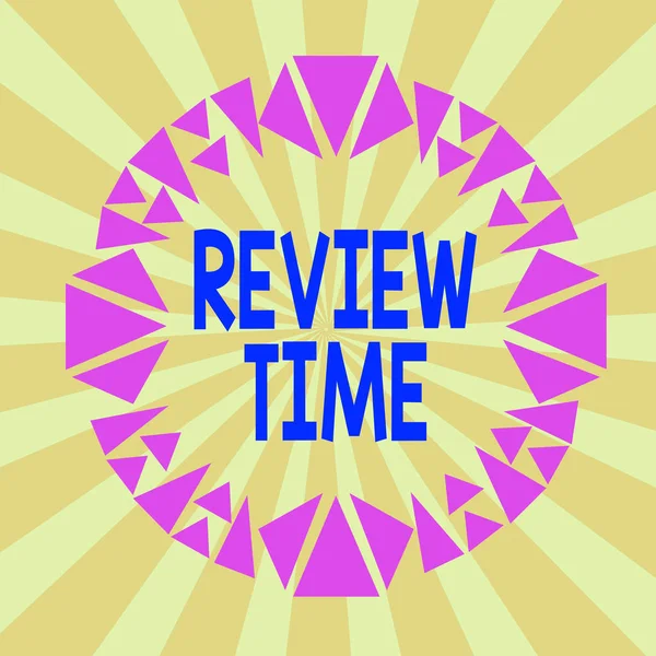 Writing note showing Review Time. Business photo showcasing to think or talk about something again Set schedule to review Asymmetrical uneven shaped pattern object multicolour design.