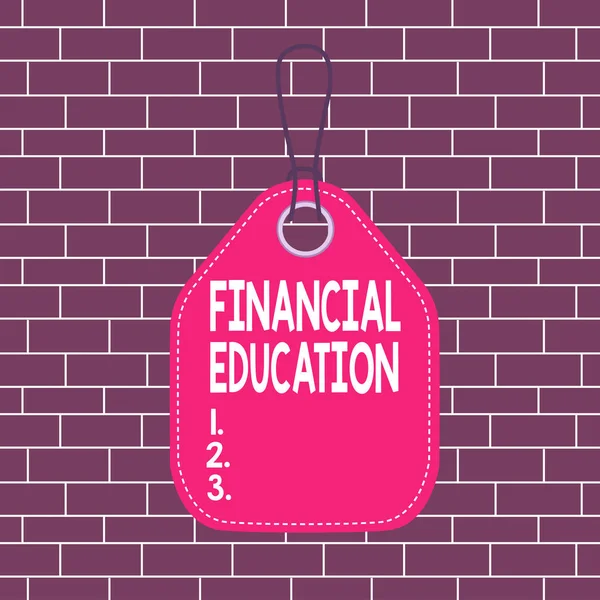 Text sign showing Financial Education. Conceptual photo education and understanding of various financial areas Empty tag blank space colorful background label rectangle attached string.