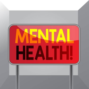 Akıl sağlığını gösteren kavramsal el yazısı. Psikolojik durumları göz önüne alındığında, iş fotoğraflarının sergilenmesi psikolojik olarak iyi görünüyor. Metalik çubuk boş panel tahtası rengarenk arka plan.