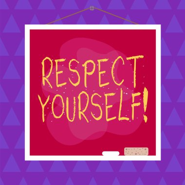 Kendine saygı duyduğunu gösteren kavramsal el yazısı. İş fotoğraflarında size iyi davranıldığına ve iyi davranıldığına inanılıyor. Eşitsiz şekilli şekil nesne çok renkli tasarım..