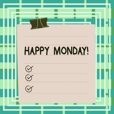 Mutlu Pazartesi 'yi gösteren bir mesaj. Kavramsal fotoğraf gösteriyor ki, ona harika bir yeni hafta dileği sunan kağıt çizgileri klasör karton boş karton not defteri renk arkaplanı.