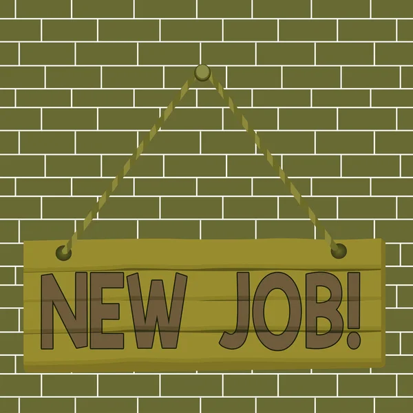 Text sign showing New Job. Conceptual photo recently having paid position of regular employment Wood plank nail pin string board colorful background wooden panel fixed.