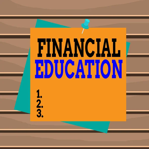 Finansal Eğitimi gösteren kavramsal el yazısı. Çeşitli finans alanlarını anlamak ve eğitimi gösteren iş fotoğrafı. Renk arkaplan raptiye raptiyesi metotlarının karesini hatırlat. — Stok fotoğraf
