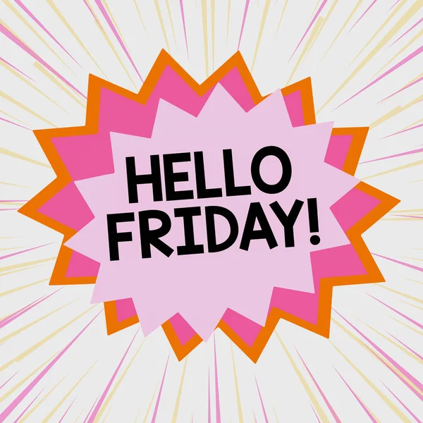 Handwriting text Hello Friday. Concept meaning used to express happiness from beginning of fresh week Asymmetrical uneven shaped format pattern object outline multicolour design. — Stockfoto
