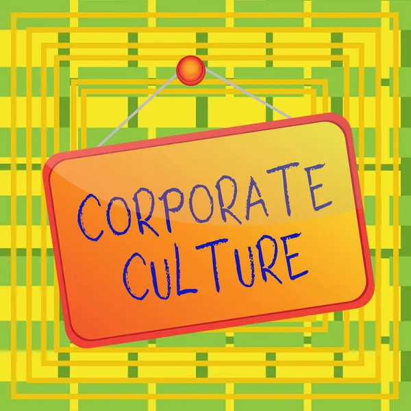 Text sign showing Corporate Culture. Conceptual photo beliefs and attitudes that characterize a company Colored memo reminder empty board blank space attach background rectangle.