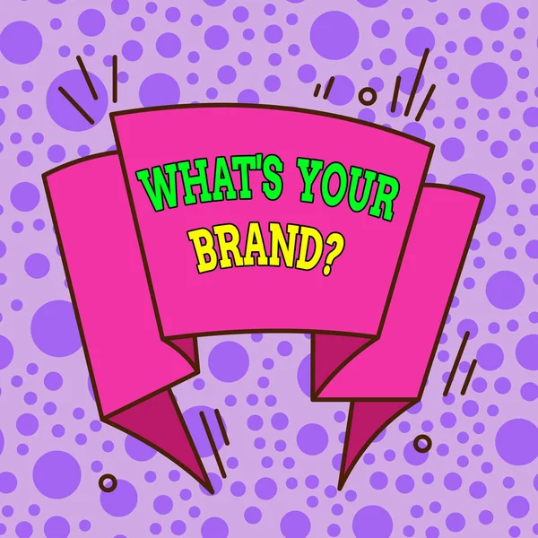 Text tecken som visar Vad är ditt varumärke fråga. Konceptuell bild fråga om produkt logotyp gör eller vad du kommunicerar asymmetrisk ojämn format mönster objekt skissera flerfärgad design. — Stockfoto
