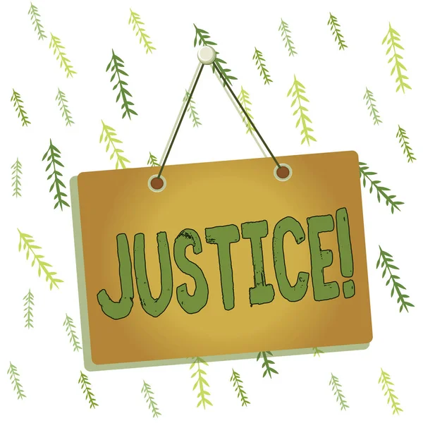 Handwriting text writing Justice. Concept meaning impartial adjustment of conflicting claims or assignments Colored memo reminder empty board blank space attach background rectangle. — Stock Photo, Image