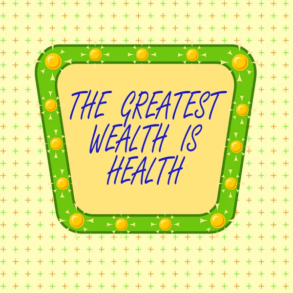 健康が最大の富であることを示すテキスト記号。概念的な写真多くは彼らのお金だけで健康であることを犠牲に非対称不均一な形状のパターンオブジェクトアウトライン多色デザイン. — ストック写真