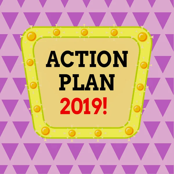 Writing note showing Action Plan 2019. Business photo showcasing proposed strategy or course of actions for current year Asymmetrical uneven shaped pattern object multicolour design.