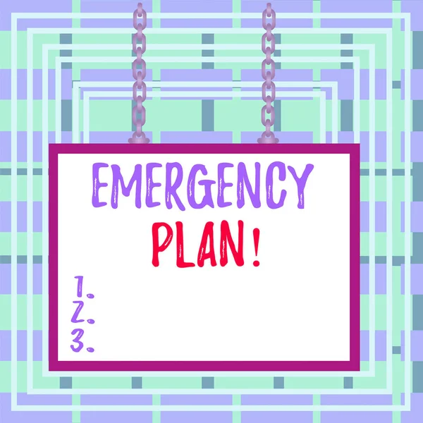 Text sign showing Emergency Plan. Conceptual photo actions developed to mitigate damage of potential events Whiteboard rectangle frame empty space attached surface chain blank panel. — Stock Photo, Image