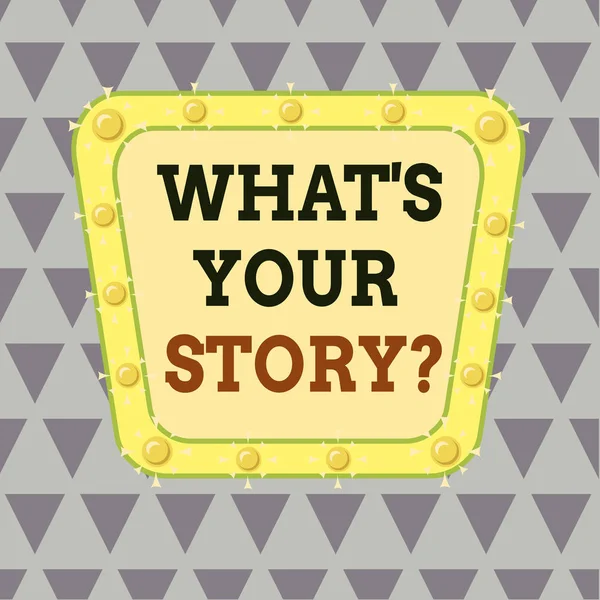 Schrijfbriefje met What S Your Story Question. Zakelijke foto presentatie vragen demonstreren over zijn verleden acties gebeurtenissen Asymmetrische ongelijke vorm patroon object multicolour design. — Stockfoto