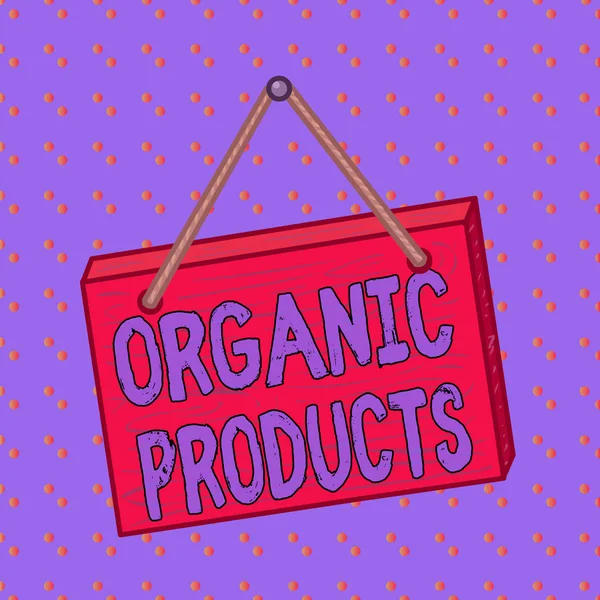 Conceptual hand writing showing Organic Products. Business photo showcasing made from materials produced by organic agriculture Square rectangle unreal cartoon wood on the coloured wall. — Stock Photo, Image