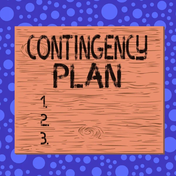 Writing note showing Contingency Plan. Business photo showcasing A plan designed to take account of a possible future event Square rectangle unreal cartoon wood on the coloured wall.