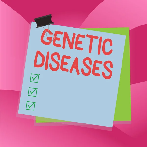 Handwriting text writing Genetic Diseases. Concept meaning disease caused by an abnormality in an individual s is genome Paper stuck binder clip colorful background reminder memo office supply.