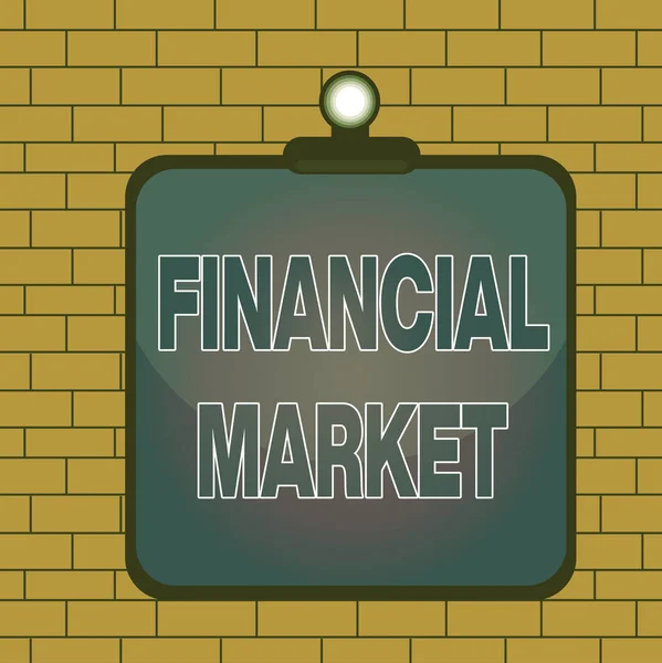 Text sign showing Financial Market. Conceptual photo market in which showing trade financial securities Clipboard colorful background spring clip stuck bind empty plank frame. — Stock Photo, Image