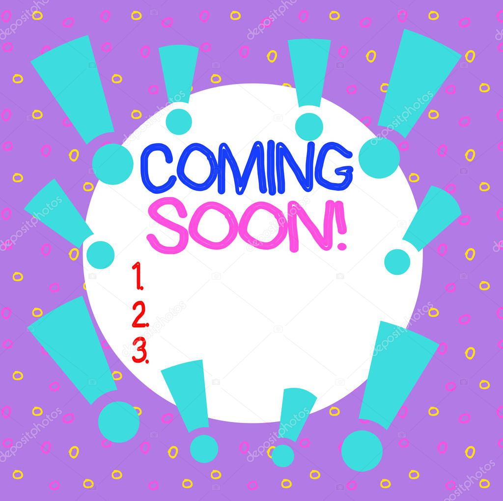 Word writing text Coming Soon. Business concept for event or action that will happen after really short time Asymmetrical uneven shaped format pattern object outline multicolour design.