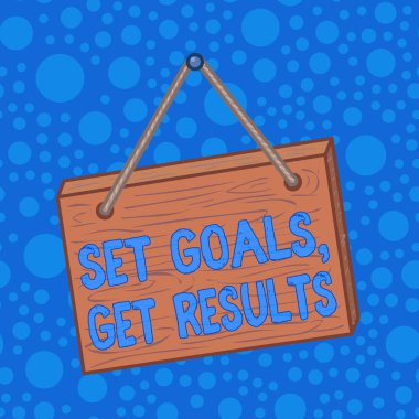 Kelime yazarlığı Hedefleri Belirle, Sonuçları Al. Hedefleri saptamak için iş konsepti bunlar için işe yarar. Kare dikdörtgen, gerçek dışı ahşap ahşap karikatür. Renkli duvara asılmış..