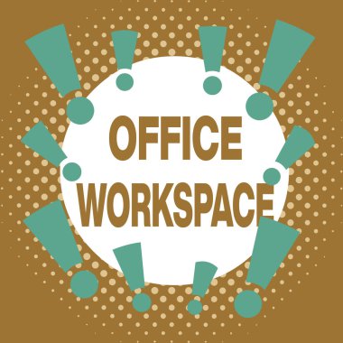 Ofis Çalışma Alanı 'nı gösteren not yazılıyor. İş fotoğraflarında, çalışmaların gerçekleştirildiği herhangi bir yer veya mekan, asimetrik düzensiz şekilli nesne çok renkli tasarımı gösteriliyor.