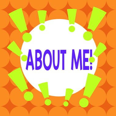 Writing note showing About Me. Business photo showcasing telling someone list of your good and bad properties Asymmetrical uneven shaped pattern object multicolour design.