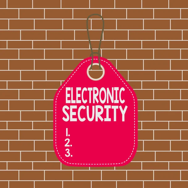 Text sign showing Electronic Security. Conceptual photo electronic equipment that perform security operations Empty tag blank space colorful background label rectangle attached string.