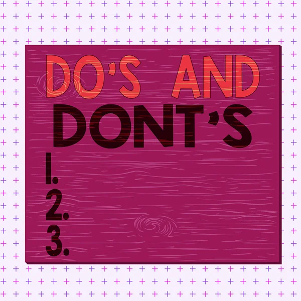 Word writing text Do S And Dont S. Business concept for Rules or customs concerning some activity or actions Prostokąt kwadratowy nierealne drewno kreskówkowe drewniane gwoździe przybite do ściany kolorowe. — Zdjęcie stockowe