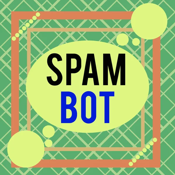Słowo pisanie tekstu Spam Bot. Koncepcja biznesowa dla autonomicznego programu w Internecie, który wysyła spam do użytkowników Asymetryczny nierównomierny kształt szablonu obiektu zarys wielobarwny. — Zdjęcie stockowe