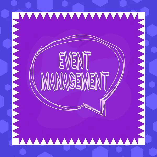 Writing note showing Event Management. Business photo showcasing job of planning and analysisaging large events or conferences Speaking bubble inside asymmetrical object multicolor design.