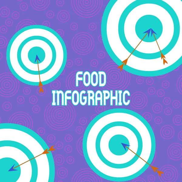 Conceptual hand writing showing Food Infographic. Business photo showcasing visual image such as diagram used to represent information Arrow and round target asymmetrical shape multicolour design. — Stock Photo, Image