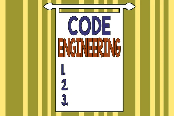 Handwriting text writing Code Engineering. Concept meaning application of engineering to the development of software Abstract background multicolored intersecting striped pattern chromatic.