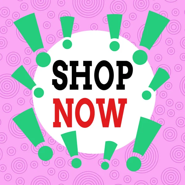 Handwriting text writing Shop Now. Concept meaning the action or activity of purchasing goods from stores or online Asymmetrical uneven shaped format pattern object outline multicolour design. — Stock Photo, Image