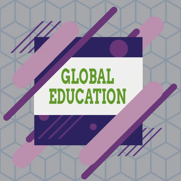 Writing note showing Global Education. Business photo showcasing ideas taught to enhance one s is perception of the world Asymmetrical format pattern object outline multicolor design.