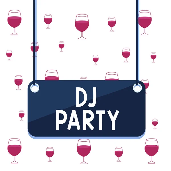 Text sign showing Dj Party. Conceptual photo demonstrating who introduces and plays recorded popular music on radio Board color background plank attached string panel rectangle empty surface. — Stock Photo, Image