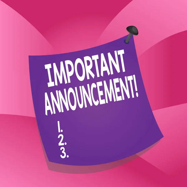 Handwriting text writing Important Announcement. Concept meaning spoken statement that tells showing about something Curved reminder paper memo nailed colorful surface stuck blank pin frame.