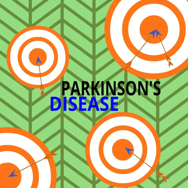 Texto de caligrafia Parkinson S Is Disease. Conceito que significa distúrbio do sistema nervoso que afeta o movimento Seta e alvo redondo dentro assimétrico em forma de objeto design multicolorido . — Fotografia de Stock