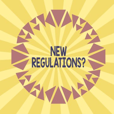 Yeni Yönetmelik Sorusu 'nu gösteren not yazılıyor. İş fotoğrafçılığı kuralları devlet düzenini kontrol altına aldı. Bir şeyler yapılıyor. Eşitsiz şekilli şekil çok renkli nesne tasarımı..