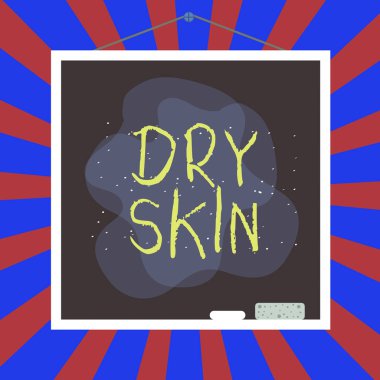 Dry Cilt 'i yazan el yazısı metni. Kavram, cilt ölçeklendirme veya kaşıntısı ile işaretlenmiş rahatsız durum anlamına gelir Asimetrik biçimsiz şekil şekil nesne ana hatları çoklu renk tasarımı.