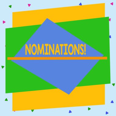 Adaylıkları gösteren metin işareti. Aday gösterilmenin kavramsal fotoğraf eylemi ya da durum ödüllü Asimetrik düzensiz biçim deseni çok renkli nesne tasarımı için aday gösteriliyor.