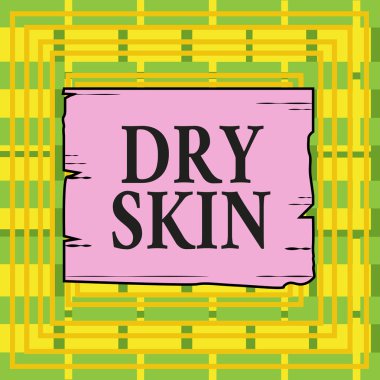 Dry Cilt 'i gösteren metin işareti. Kavramsal fotoğraf rahatsızlığı cilt ölçeklendirme veya kaşıntı işaretli tahta kare çerçeve boş çerçeve oyukları ahşap panel renkli kereste oyukları.