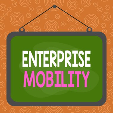 Enterprise Mobility el yazısı. Konsept, çalışanların mobil aygıtlar kullanarak uzaktan işlerini yapmaları anlamına gelir. Asimetrik biçimsiz şekil şekli nesne ana hatları çoklu renk tasarımı.