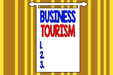 İş Turizmi el yazısı. Bir s 'yi bırakmanın anlamı iş için doğal bir yer olduğu. Soyut arka plan çok renkli kesişen çizgili desen..