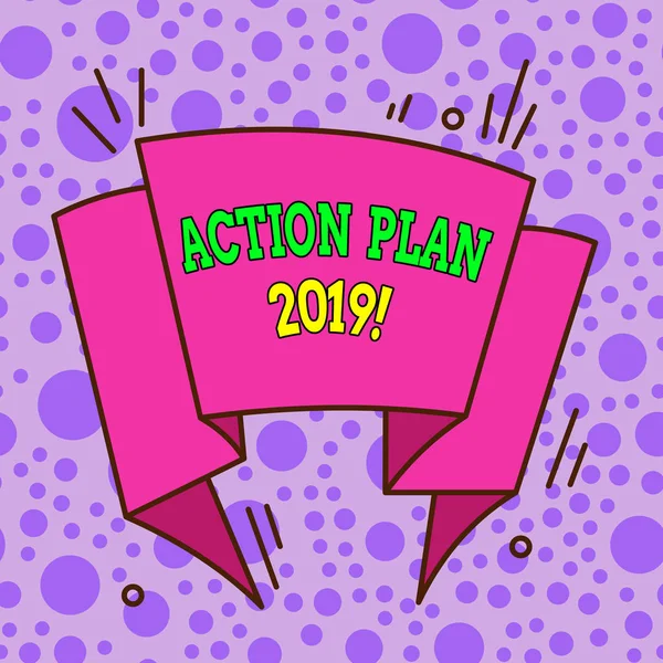 Text sign showing Action Plan 2019. Conceptual photo proposed strategy or course of actions for current year Asymmetrical uneven shaped format pattern object outline multicolour design.