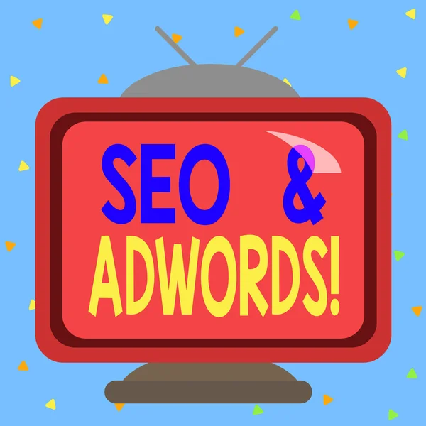 Levelet írok Seo és Adwords-ról. Üzleti fotó bemutatása ezek fő eszközei összetevői Search Engine Marketing Square téglalap valótlan rajzfilm fa a színes falon. — Stock Fotó