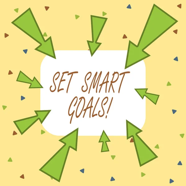Writing note showing Set Smart Goals. Business photo showcasing list to clarify your ideas focus efforts use time wisely Asymmetrical uneven shaped pattern object multicolour design.