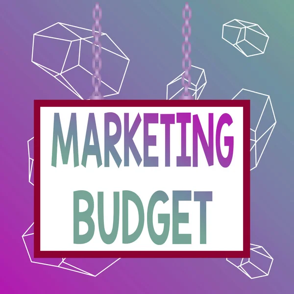 Texte textuel Budget marketing. Concept d'entreprise pour le montant estimé du coût nécessaire pour promouvoir les produits Tableau blanc rectangle cadre espace vide attaché surface chaîne panneau blanc . — Photo