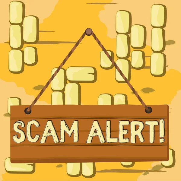 Word writing text Scam Alert. Business concept for fraudulently obtain money from victim by persuading him Wood plank nail pin string board colorful background wooden panel fixed. — Stock Photo, Image