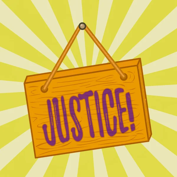 Handwriting text writing Justice. Concept meaning impartial adjustment of conflicting claims or assignments Square rectangle unreal cartoon wood wooden hang down on the coloured wall. — Stock Photo, Image