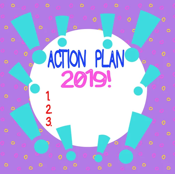 Word writing text Action Plan 2019. Business concept for proposed strategy or course of actions for current year Asymmetrical uneven shaped format pattern object outline multicolour design.