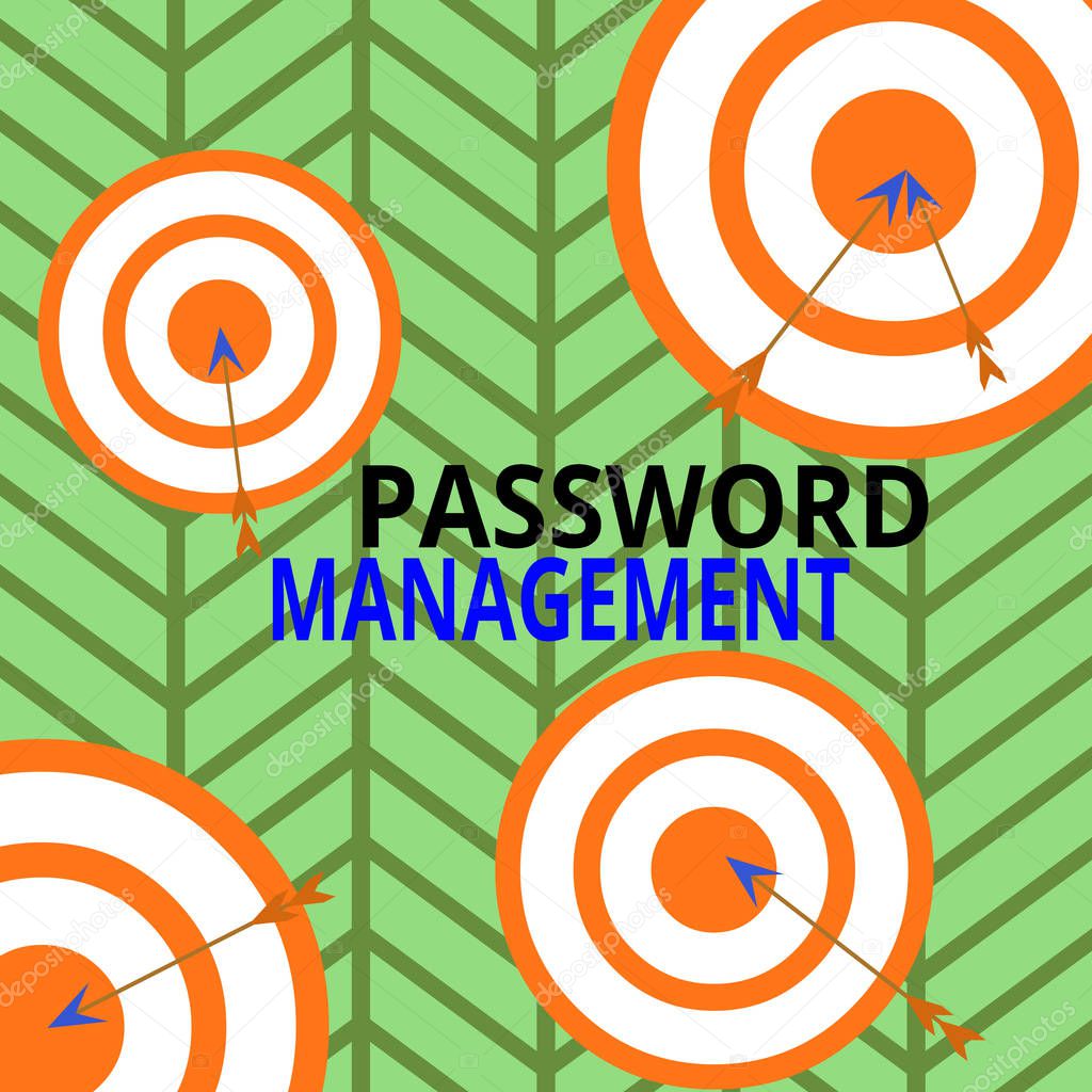 Handwriting text Password Management. Concept meaning software used to help users better analysisage passwords Arrow and round target inside asymmetrical shaped object multicolour design.