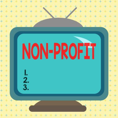 Non Profit 'i gösteren mesaj işareti. Kavramsal fotoğraf temel olarak kâr kuruluşu Square dikdörtgenini eski renkli televizyon resmi ahşap tasarımı yapmak için yapılmadı veya yönetilmedi..