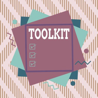 Word writing text Toolkit. Business concept for set of tools kept in a bag or box and used for a particular purpose Asymmetrical uneven shaped format pattern object outline multicolour design. clipart
